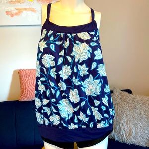 Croft & Barrow Navy Teal White Floral Tankini Swim Top 1X EC